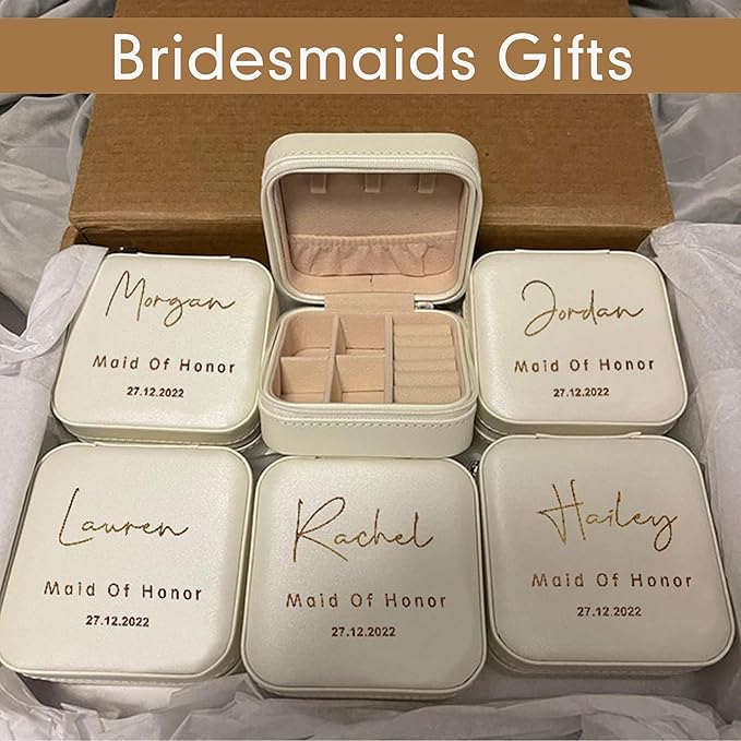DayOfShe Bridesmaid Proposal Gifts Personalized Bridesmaid Jewelry Box Leather Small Travel Jewelry Organizer Ring Case for Wedding Maid of Honor Gifts