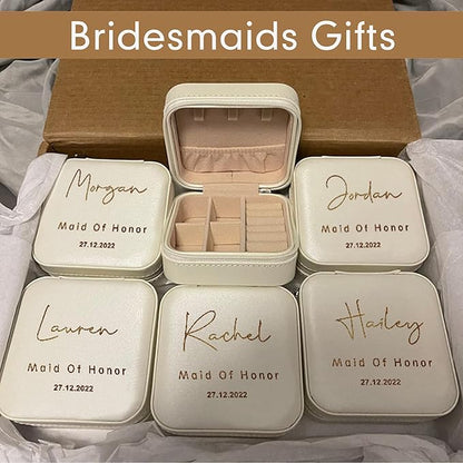 DayOfShe Bridesmaid Proposal Gifts Personalized Bridesmaid Jewelry Box Leather Small Travel Jewelry Organizer Ring Case for Wedding Maid of Honor Gifts