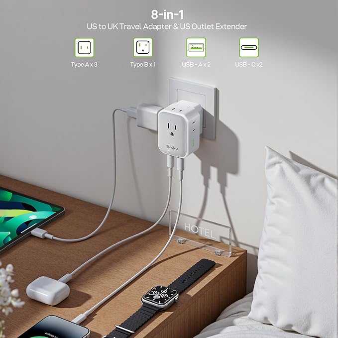 EPICKA Hybrid Travel Plug Adapter, 2 Packs Foldable & Detachable Type G (UK) VisaPlug, 8-in-1 International Power Adapter with 4 USB Ports (2 USB-C PD 20W), Travel Essentials for US to England