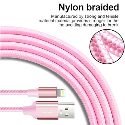 cugunu iPhone Charger, 5 Pack 3/3/6/6/10FT Apple MFi Certified USB Lightning Cable Nylon Braided Fast Charging Cord Compatible for iPhone 14/13/12/11/X/Max/8/7/6/5/SE/Plus/iPad - Pink