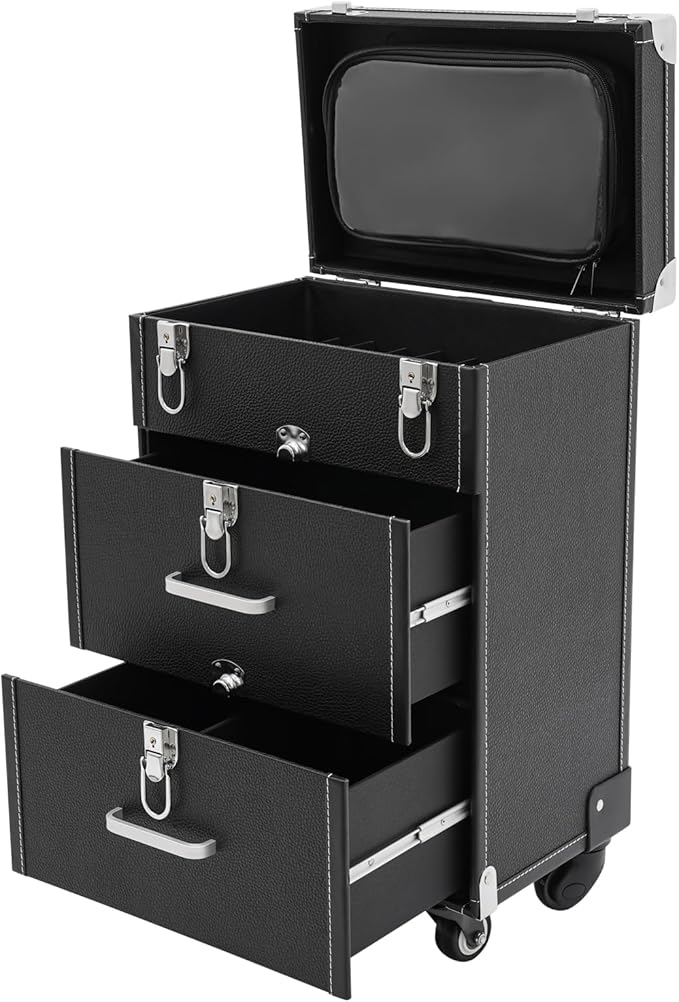 Rolling Makeup Case w/ 2 Keys, 3-tier Lockable Makeup Train Case w/ Drawers, Removable Baffle Nail Polish Organizer, Travel Cosmetic Case w/ 17.7in Telescopic Rod, 14.2*9*19.3in, Silver Latch+Black