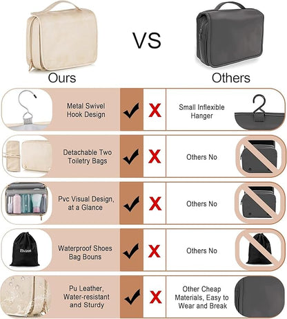 Elviros Hanging Travel Toiletry Bag for Women,3-in-1 Large Makeup Bag and Cosmetic Organizer,Vegan Leather Waterproof Skincare Case for Travel Size Toiletries and Accessories,Gift for Women
