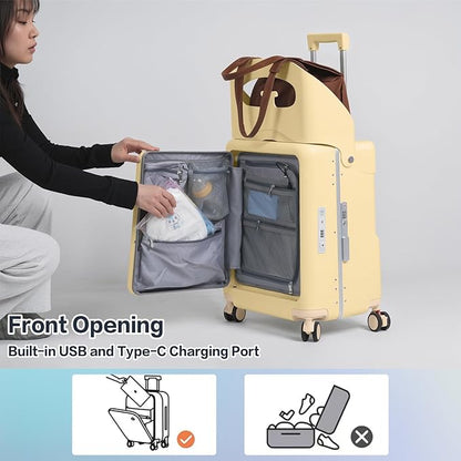 smilesun 20" Carry On Luggage with Seat For Kids & Adults，Hardside Ride On Suitcase Front Opening with 360°Spinner and TSA Lock For Travel (Yellow with Front Open, 20")