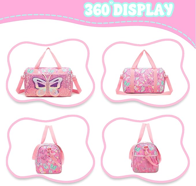 Kids Pink Butterfly Luggage with Wheels Suitcases Travel Softside Suitcases 16" Carry on Suitcase with Duffle Bag Luggage Sets Airline Approved
