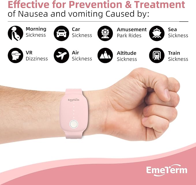 EmeTerm Fashion Pink Anti-Nausea Wristband Relieve Morning Motion Travel Sickness Rechargeable Drug Free Bands without Side Effects - Extra 2pack Conductive Gel