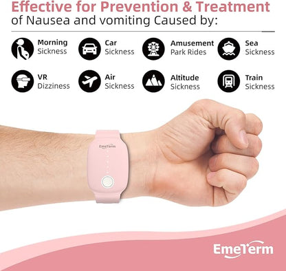 EmeTerm Fashion Pink Anti-Nausea Wristband Relieve Morning Motion Travel Sickness Rechargeable Drug Free Bands without Side Effects - Extra 2pack Conductive Gel