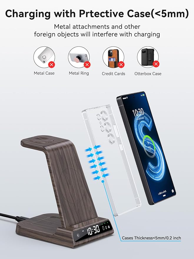 Wireless Charger for Samsung Charging Station with Clock for Samsung Galaxy S25 Ultra/S24 Ultra/Z Flip 7/ZFold6/Galaxy Bud, 3 in 1 Charger Station Watch Charger for Galaxy Watch 8/7/6/5Pro(Wood Grain)
