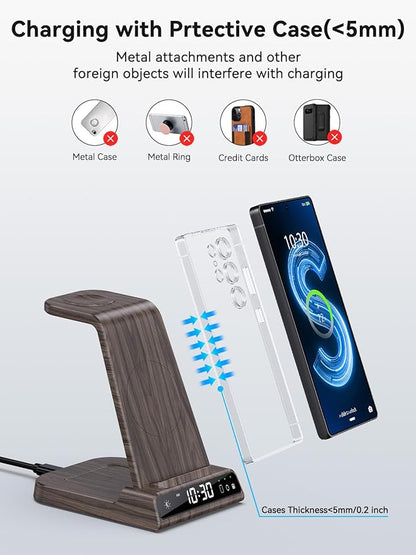 Wireless Charger for Samsung Charging Station with Clock for Samsung Galaxy S25 Ultra/S24 Ultra/Z Flip 7/ZFold6/Galaxy Bud, 3 in 1 Charger Station Watch Charger for Galaxy Watch 8/7/6/5Pro(Wood Grain)