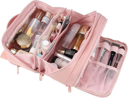Travel Makeup Bag Large Capacity Cosmetic Organizer Bag for Women,Flat-Opening Make Up Case Travel Bag Waterproof Toiletry Bag for traveling,Toiletries,Essentials,Accessories,Pink