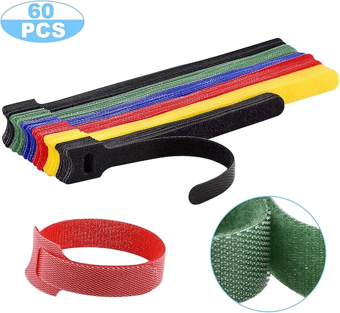 60PCS Reusable Cable Ties, Newlan 2 Size Adjustable Cable Straps 50PCS 8 Inches 10PCS 6 Inches, Cable Organizer, Cord Wrap and Hook Loop Cords Management - 5 Colors