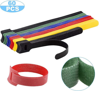 60PCS Reusable Cable Ties, Newlan 2 Size Adjustable Cable Straps 50PCS 8 Inches 10PCS 6 Inches, Cable Organizer, Cord Wrap and Hook Loop Cords Management - 5 Colors