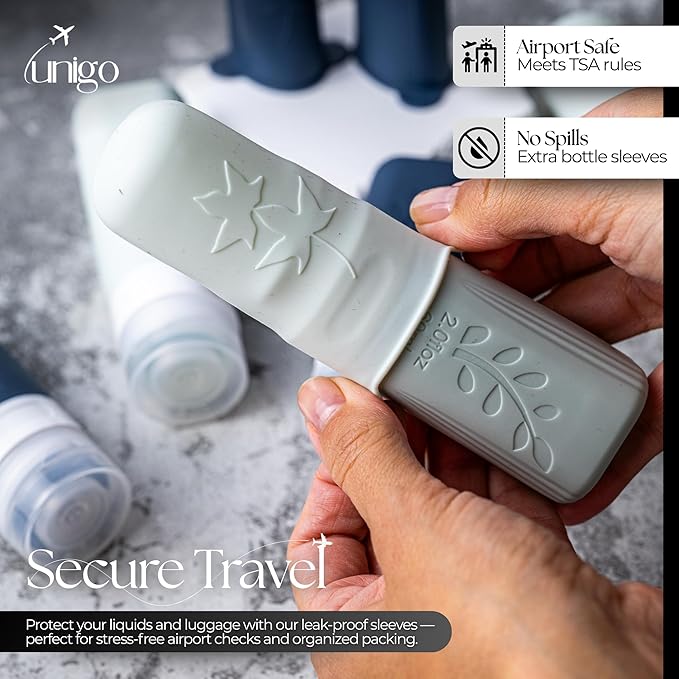 unigo 30pack Full Set TSA Approved Travel Bottles, Travel Size Containers for Toiletries, Refillable Leakproof Travel Shampoo and Conditioner Bottles,Toiletry Containers, Extra Sleeves (White,Black)