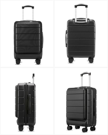 Carry On Luggage with Laptop Compartment, H1F 22x14x9 Airline Approved Front Pocket Hardside Suitcase with Spinner Wheels, TSA Lock, Includes Tote Bag（FX-Lite,Black,3 Piece Sets）