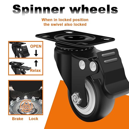 MSH&HCE 2 Inch Heavy Duty Locking Caster Wheels with Brake - 360° Swivel, 600lb Capacity - Quiet Casters for Furniture, Tables, Workbenches- Includes Screws, washers & Screwdriver(Set of 4)
