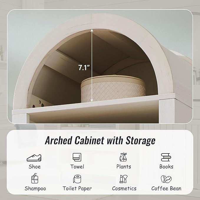71" Tall Arched Bathroom Storage Cabinet, 8-Tier Modern Farmhouse Storage Cabinet with Adjustable Shelves, Wood Freestanding Cabinet for Bathroom, Living Room, Entryway, Hallway (Antique White)