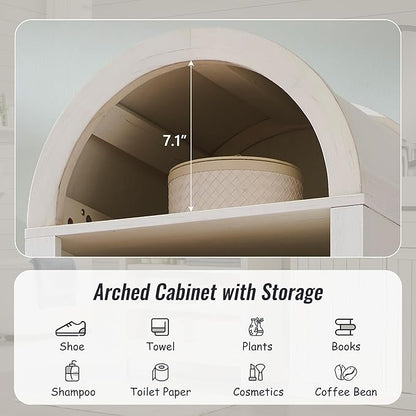 71" Tall Arched Bathroom Storage Cabinet, 8-Tier Modern Farmhouse Storage Cabinet with Adjustable Shelves, Wood Freestanding Cabinet for Bathroom, Living Room, Entryway, Hallway (Antique White)