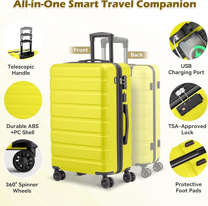 AnyZip Suitcase Hardside PC ABS Lightweight USB Luggage with Wheels TSA Lock Checked-Large 28 Inch Yellow