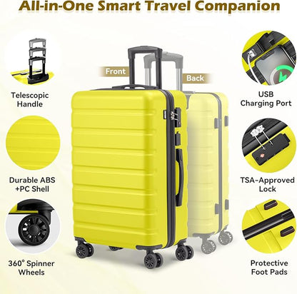 AnyZip Suitcase Hardside PC ABS Lightweight USB Luggage with Wheels TSA Lock Checked-Large 28 Inch Yellow