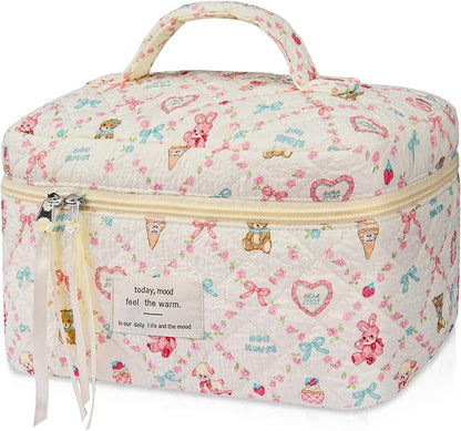 Large Makeup Bag, Cute Cosmetic Bag for Women Girls, Floral Coquette Aesthetic Toiletry Bag, Travel Make Up Organizer Bag(Love Bear