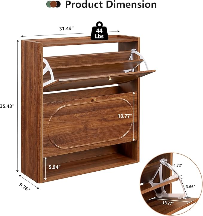 ORRD Shoe Storage Cabinet with 2 Flip Drawers Set of 2, Wood Narrow Shoe Cabinet for Entryway, Fluted Hidden Shoe Organizer, Freestanding Slim Shoes Cabinets for Foyer, Hallway-Walnut