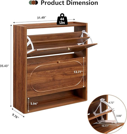 ORRD Shoe Storage Cabinet with 2 Flip Drawers Set of 2, Wood Narrow Shoe Cabinet for Entryway, Fluted Hidden Shoe Organizer, Freestanding Slim Shoes Cabinets for Foyer, Hallway-Walnut