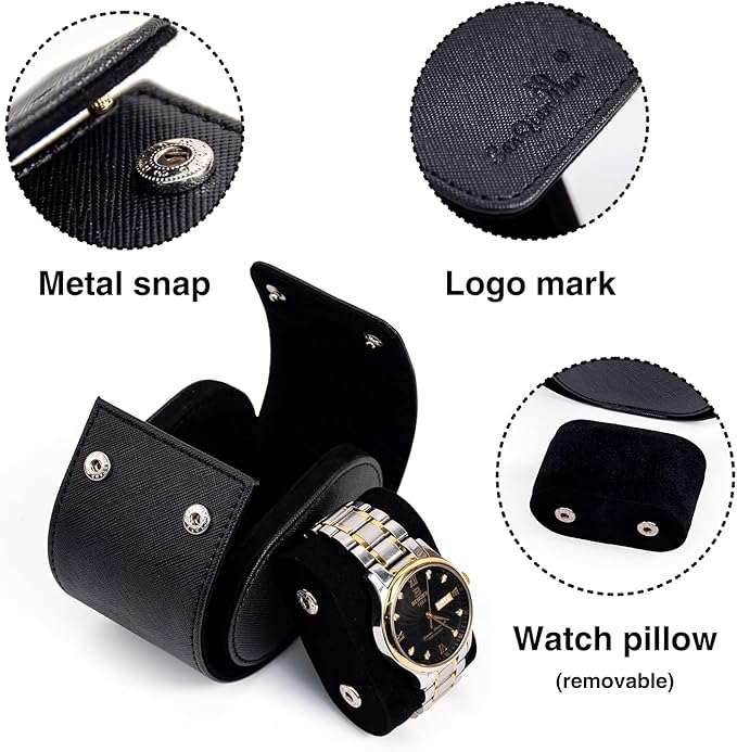 SANQIANWAN Single Travel Storage Watch Roll Portable PU Leather Watch Case Box for Men with Button Style Removable Watch Pillow Watch Display Roll (Black)