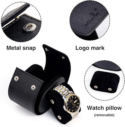 SANQIANWAN Single Travel Storage Watch Roll Portable PU Leather Watch Case Box for Men with Button Style Removable Watch Pillow Watch Display Roll (Black)