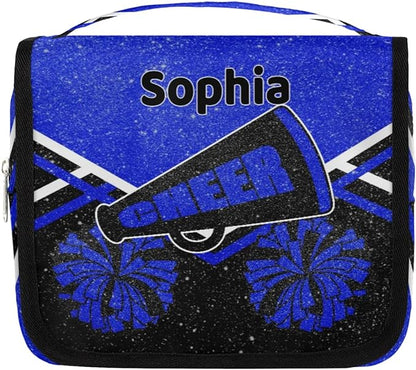 Personalized Travel Cheerleading Toiletry Hanging Bag Waterproof Bags, Custom Name Cosmetic Makeup bag Toiletries Organizer Container Bag, Royal Blue Black Glitters Effect