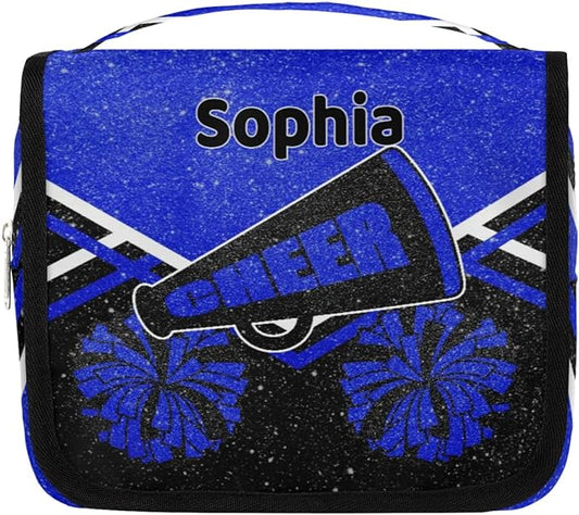 Personalized Travel Cheerleading Toiletry Hanging Bag Waterproof Bags, Custom Name Cosmetic Makeup bag Toiletries Organizer Container Bag, Royal Blue Black Glitters Effect