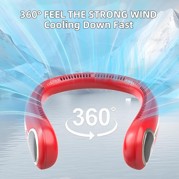 Portable Neck Fan,Hands Free Personal Wearable Bladeless Fan,6000mAh USB Rechargeable,360° Cooling,LED Display,4-Speeds,Birthday Gifts for Men Women Dad Mom,Stocking Stuffers Christmas Gifts (Red)