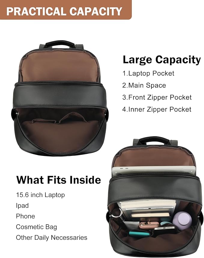 MASINTOR 15.6 inch Leather Laptop Backpack Purse for Women, Designer Travel and Work Bag with Laptop Compartment Black