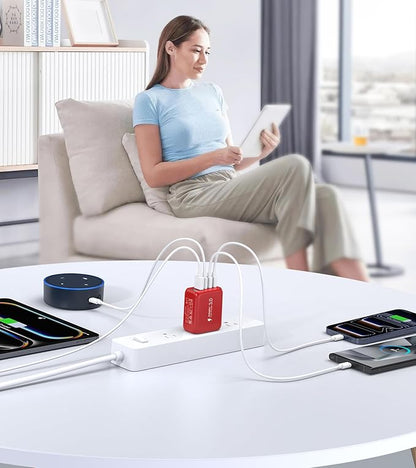 60W USB C Wall Charger, 2Pack 5-Port C Charger Fast Charging Block PD Power Adapter +QC 3.0 Multiport Type C Box Brick Cube USB A Wall Plug for iPhone 14/15/16/17 Pro Max, iPad,Samsung Galaxy(Red)
