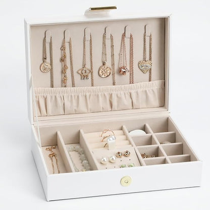 Portable Jewelry Organizer Box with Leather Strap Single Layer Storage for Earrings, Necklaces, Rings Travel Jewelry Case for Women White