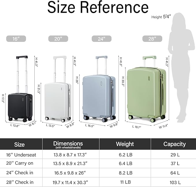 Hanke Hard Shell Luggage Sets 3 Pieces, Carry On and Checked Luggage Sets with Spinner Wheels, Durable PC Hardside Rolling Suitcase for Travel (16/24/28 Inch,Bamboo Green)