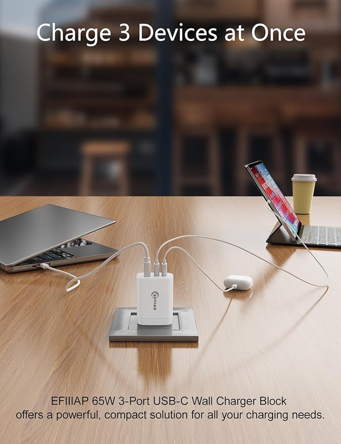 65W USB C Charger Block, 3-Port Foldable Type c Fast Charging for MacBook Air MacBook Pro 14 15 16 17, iPhone 17/16/15/14, Galaxy S25/S24/S23, iPad, AirPods & More(1Pack with Cable)