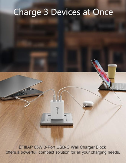 65W USB C Charger Block, 3-Port Foldable Type c Fast Charging for MacBook Air MacBook Pro 14 15 16 17, iPhone 17/16/15/14, Galaxy S25/S24/S23, iPad, AirPods & More(1Pack with Cable)