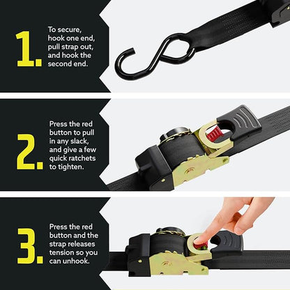 DC Cargo Mall Auto Retractable Ratchet Straps (4-Pack) 1” x 6ft, Heavy Duty, 1,522lb Break Strength – Tie Down Straps for Cargo, Truck, Trailer, Motorcycle, Boat