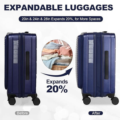 Merax Luggage Sets 3 Piece,Front Open PC Hardshell Expandable Carry on Suitcase with Spinner Wheels and TSA Lock,Lightweight 20in/24in/28in Luggage,Aqua Blue