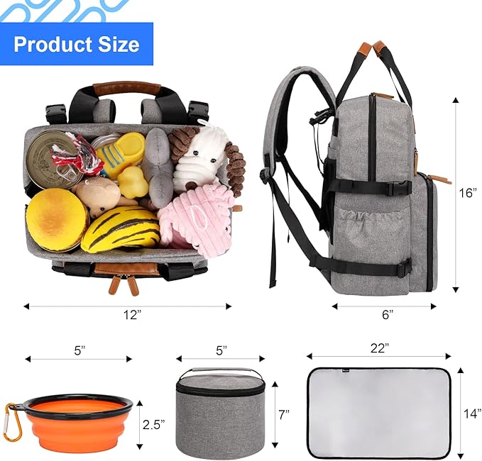 Modoker Dog Travel Bag, Airline Approved Backpack for Pet Accessories Organizer, Tote Weekend Bag with 2 Food Storage Containers, 2 Collapsible Dog Bowls, 1 Pet Mat, Grey