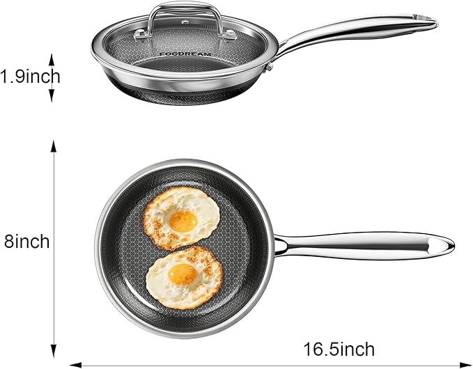 Fogdream 8” Non Stick Frying Pans, Stainless Steel Skillet with Lid, Tri-Ply Stainless Steel for All Cooktops, Dishwasher and Oven-Safe Cooking Pan, Stay-Cool Handle, Silver