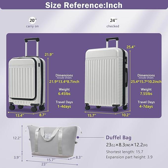 Merax Luggage Sets 3 Piece,Front Open Hardshell Expandable Suitcase with Spinner Wheels and Duffel Bags,Lightweight Carry on Luggage with USB Port,20/24IN,White Grey