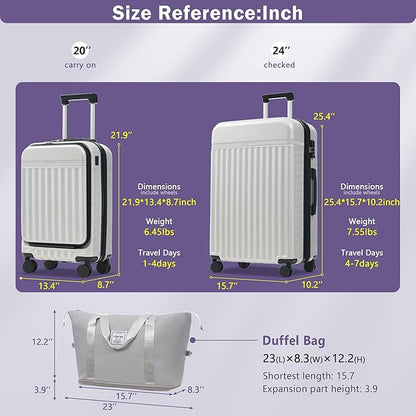 Merax Luggage Sets 3 Piece,Front Open Hardshell Expandable Suitcase with Spinner Wheels and Duffel Bags,Lightweight Carry on Luggage with USB Port,20/24IN,White Grey