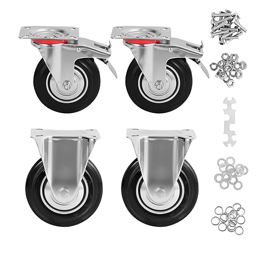 4 Inch Caster Wheels Set of 4, Heavy Duty Casters with Brake, Rubber Locking Casters for Cart, Workbench,Black (4"(2 Fixed+ 2 Swivel with Brake), 4)