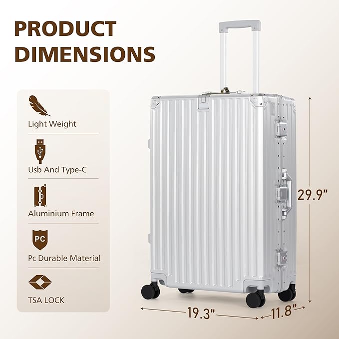 28-Inch Checked Large Luggage with Thickened Aluminum Frame, Durable PC Hardside Zipperless Suitcase with Spinner Wheels,TSA Lock,USB Charging Port,Light Gray