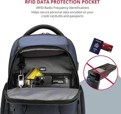 Swissdigital Design Men's Laptop Backpack for College and Business Travel with Integrated USB Charging Port and RFID Protection Fits Laptops up to 15.6 inch, Blue | SD1695-12
