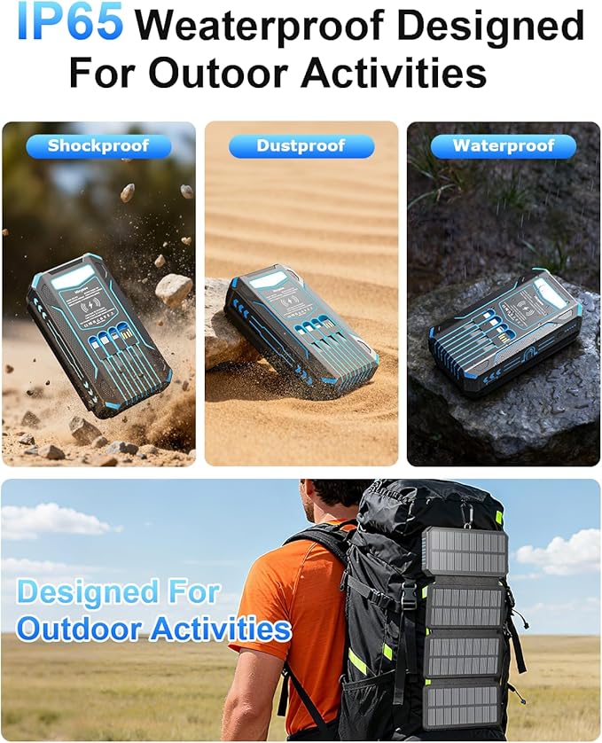 Solar Charger Power Bank 49800mAh With Built-in Cables, 12W QC3.0 Fast Charging, Wireless Portable Phone Charger for iPhone Samsung, Battery Pack With 4 Solar Panel , USB-C, Flashlight for Outdoor