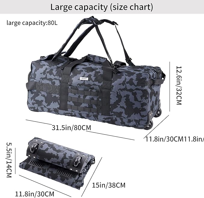 80L Waterproof Rolling Duffel Bag with Quick-Release Straps, Military Tactical Wheeled Foldable For Deployment Traveling Camping Sporting (Camouflage +Drawstring bag)
