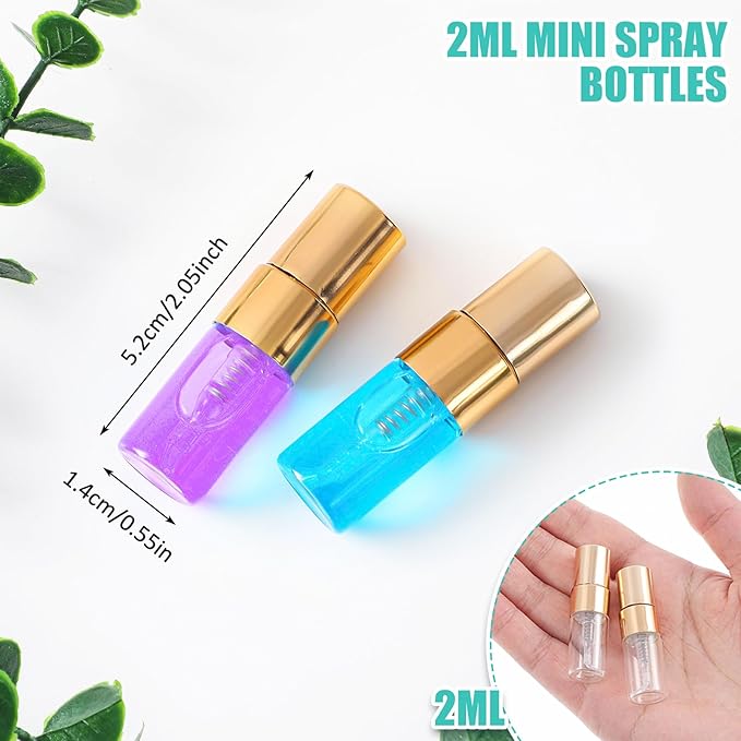 Zhehao 100 Pcs Mini Spray Bottles 2 ml Clear Glass Perfume Bottles Refillable Fine Mist Perfume Atomizer Portable Empty Sample Containers for Cleaning, Essential Oils, Travel (Gold Cap)