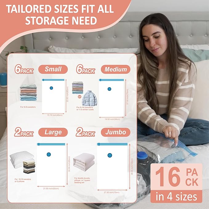 16 Pack Travel Vacuum Storage Bags with Rechargeable Wireless Electric Pump for Luggage, Suitcase, Carry-on Size Vacuum Seal Compression Space Saver Bags for Clothes and Clothing Travel