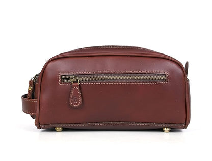 10" Premium Leather Toiletry Travel Pouch With Waterproof Lining Black Color | King-Size Handcrafted Vintage Shaving Kit By Aaron Leather Goods (Saddle Brown)